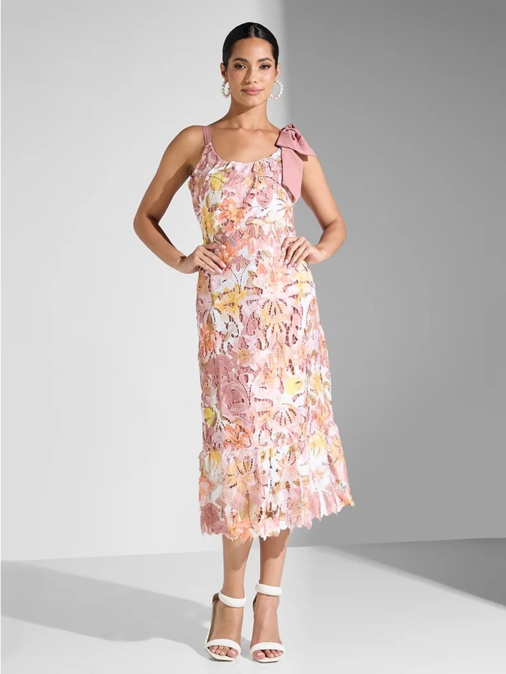 JUST ME / Floral Lace Midi Dress with Bow Shoulder - Pink/ NWOT / M / ptp-18”